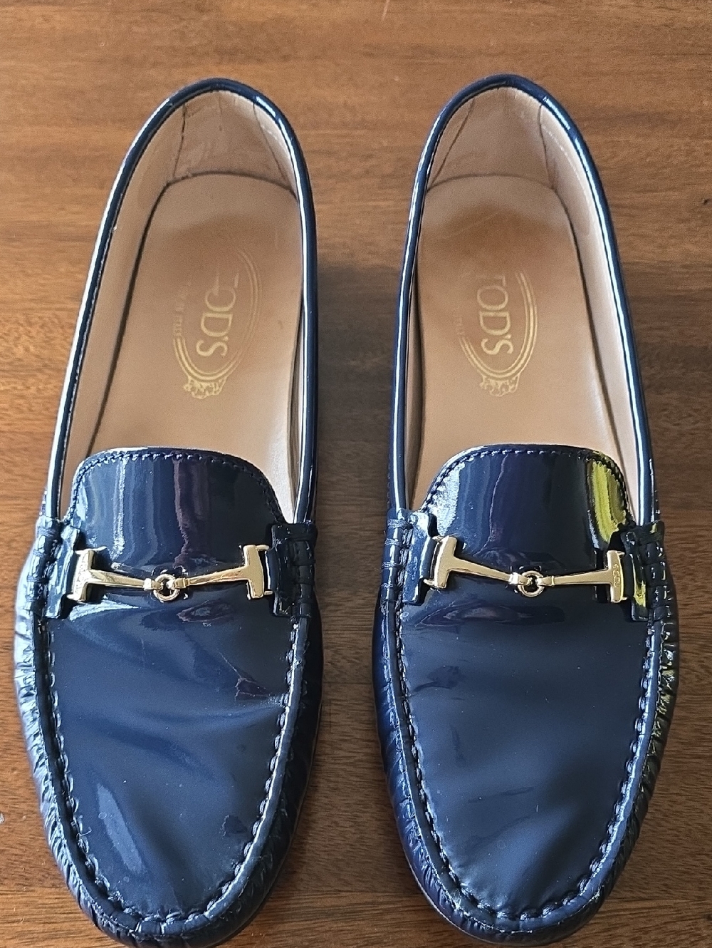 Tod's Navy Blue Patent Leather Horsebit Loafers